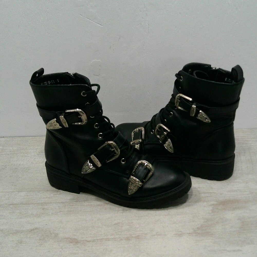 Dolls Kill Combat Moto Lace up Black Boots with Silver Buckle Strap Size 6